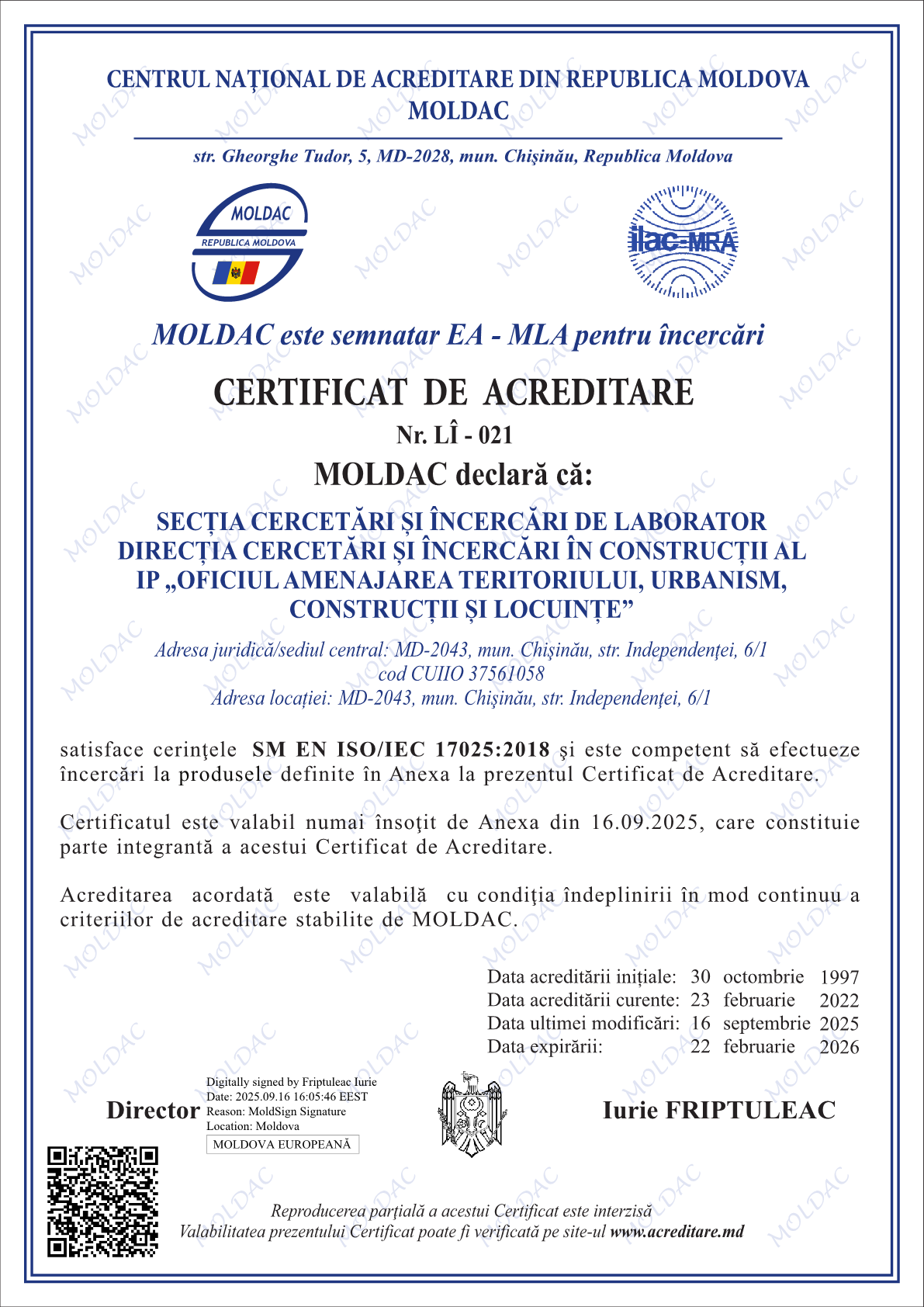 Secția de Cercetări și Încercări de Laborator din cadrul IP „OATUCL” a primit Certificatul de Acreditare